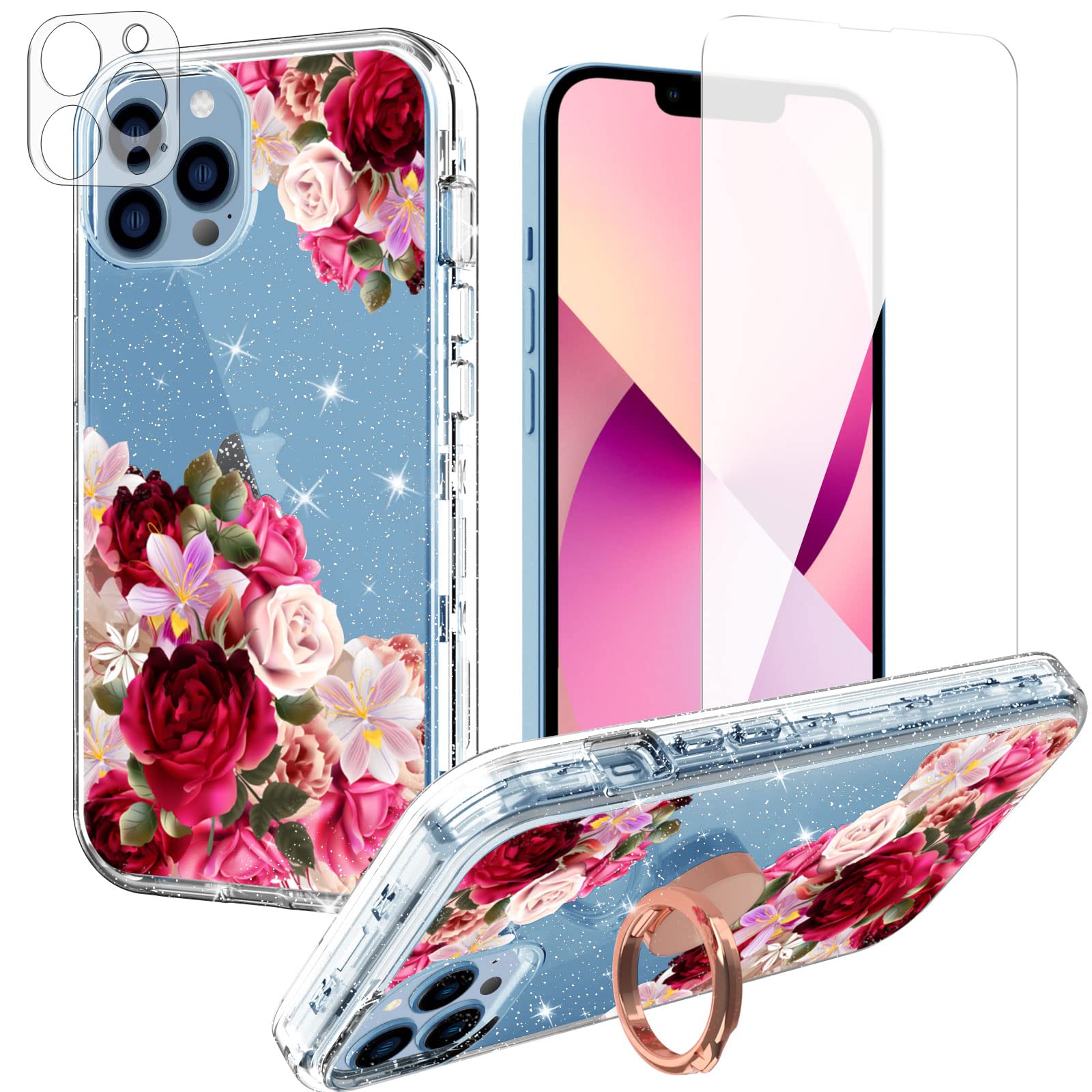 Acketbox Case For Iphone 13 Pro Max, Full Body Protective, Screen Protector + Camera Lens Protector And Ring Bracket Pc Back Cas